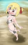  1girl :d ass barefoot beach bikini blonde_hair blush breasts cleavage collarbone eyebrows fang flat_ass from_above front-tie_top hair_ribbon highres navel open_mouth red_eyes ribbon rumia short_hair side-tie_bikini smile solo string_bikini swimsuit takeu thick_eyebrows touhou water 