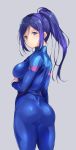  1girl alp ass bodysuit breasts grey_background looking_at_viewer looking_back love_live! love_live!_sunshine!! matsuura_kanan purple_hair simple_background skin_tight solo thighs violet_eyes wetsuit 