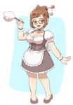  1girl alternate_costume apron bangs bead black-framed_eyewear black_dress blush bow bowtie breasts brown_eyes brown_hair choker cleavage dress enmaided glasses hair_bun hair_ornament hair_stick large_breasts looking_at_viewer maid maid_apron maid_headdress mei_(overwatch) open_mouth overwatch puffy_short_sleeves puffy_sleeves ribbon_choker shirt shoes short_hair short_sleeves sidelocks smile snowflake_hair_ornament solo waist_apron wrist_cuffs 