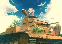  2girls bird branch brown_eyes brown_hair casual cosmic_(crownclowncosmic) girls_und_panzer ground_vehicle military military_vehicle motor_vehicle multiple_girls nishizumi_maho nishizumi_miho short_hair siblings sisters tank younger 