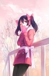  1girl bare_tree black_hair black_legwear bow coat covering_mouth fur_trim hair_bow highres hood leaning_against_railing long_sleeves love_live! love_live!_school_idol_project mittens one_eye_closed outdoors own_hands_together pantyhose pink_bow railing red_eyes ribbon solo standing tree twintails white_bow white_ribbon yazawa_nico zhaitengjingcang 