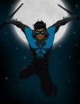  1boy artist_request batman_(series) black_hair bodysuit dc_comics dick_grayson domino_mask dual_wielding escrima_stick full_moon gauntlets gloves glowing_eyes male_focus mask moon night nightwing solo source_request star_(sky) 