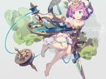  1girl bare_legs bare_shoulders barefoot blue_eyes dress gauntlets gloves hair_ornament highres holding holding_weapon lance open_mouth polearm purple_hair puzzle_&amp;_dragons short_hair short_twintails skuld_(p&amp;d) solo spear tennohi twintails vambraces weapon 