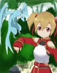  1girl absurdres breastplate brown_hair dragon fingerless_gloves gloves highres mini_dragon pina_(sao) red_eyes short_hair short_twintails silica smile solo sword_art_online twintails 