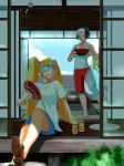  2girls barefoot black_hair blonde_hair blue_eyes bob_cut bokkusu capcom casual domino_mask drinking_glass electric_fan fan food fruit hairband headband hot long_hair mask multiple_girls rainbow_mika sandals shirt short_hair shorts sitting street_fighter street_fighter_v summer sweat t-shirt tank_top twintails watermelon white_shirt yamato_nadeshiko_(street_fighter) 