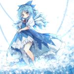  1girl blue_eyes blue_hair blush bow cirno dress dress_lift expressionless hair_bow hips ice ice_wings legs long_dress looking_at_viewer piyokichi puffy_short_sleeves puffy_sleeves short_hair short_sleeves socks solo thighs touhou wavy_hair wings 