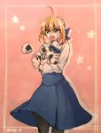  1girl ahoge black_legwear blonde_hair blouse bow fate/stay_night fate_(series) food green_eyes hair_bow holding holding_food onigiri open_mouth ribbon saber skirt solo 