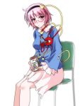  1girl game_boy hairband handheld_game_console komeiji_satori pink_eyes pink_hair red-framed_eyewear shiny shiny_hair sitting solo third_eye touhou white_background yumi_(careca398) 