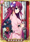  1girl blue_eyes card_(medium) grisaia_(series) grisaia_no_kajitsu hair_ornament japanese_clothes kimono long_hair looking_at_viewer purple_hair sash smile solo suou_amane yukata 