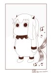  (o)_(o) 1girl arms_at_sides bangs commentary female highres horns horse_tail kantai_collection mittens monochrome moomin moomintroll muppo northern_ocean_hime ponytail sazanami_konami sidelocks sketch solo tail tail_wagging twitter_username white_background 