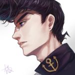  1boy adam&#039;s_apple anchor_symbol bandaid bandaid_on_nose blood blue_eyes earrings face fan_ju from_side higashikata_jousuke jewelry jojo_no_kimyou_na_bouken male_focus neck pompadour profile purple_hair signature solo stud_earrings 