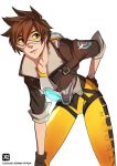  1girl alex_glimes bodysuit bomber_jacket brown_hair gloves goggles jacket looking_at_viewer overwatch short_hair solo spiky_hair tracer_(overwatch) 