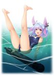  1girl :d afloat arm_support bangs bare_arms bare_legs barefoot blue_hair blue_swimsuit blunt_bangs breasts eyebrows eyebrows_visible_through_hair full_body hair_ribbon headgear heart i-19_(kantai_collection) kantai_collection kneepits large_breasts legs_up light_particles long_hair looking_at_viewer mr_bowater multicolored_hair name_tag ocean one-piece_swimsuit open_mouth purple_ribbon red_eyes ribbon school_swimsuit smile solo star star-shaped_pupils swimsuit symbol-shaped_pupils torpedo two-tone_hair two_side_up violet_eyes water white_border 