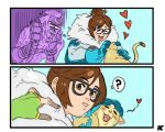  1boy 1girl 2koma ? animal artist_name bangs beads black-framed_eyewear blush brown_hair cat closed_eyes coat comic fingerless_gloves fur-lined_jacket fur_coat fur_trim glasses gloves green_gloves hair_bun hair_ornament hair_stick hc_(hotcomics) jealous jealousy_of_the_kind_and_lovely junkrat_(overwatch) mei_(overwatch) overwatch parka petting short_hair sidelocks smile spoken_question_mark swept_bangs upper_body winter_clothes winter_coat 