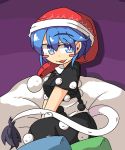  1girl :3 :d amura_(artist) blue_eyes blue_hair blush blush_stickers breasts doremy_sweet dress hat highres looking_at_viewer medium_breasts naughty_face nightcap open_mouth pillow pom_pom_(clothes) seductive_smile short_hair smile smug solo tail tapir_tail touhou v_arms 