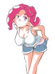  1girl blue_shorts blush breasts casual cleavage cutoffs denim denim_shorts highres large_breasts leaning_forward looking_at_viewer panties pink_panties pointy_ears redhead shirt short_hair shorts shorts_pull sketch solo splatoon standing sweatdrop takozonesu tank_top tentacle_hair toraneko555 underwear undressing unzipped violet_eyes white_background white_panties white_shirt 