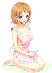  1girl apron bare_arms bare_legs blush breasts brown_hair character_name collarbone frilled_apron frills full_body heart_cutout koizumi_hanayo looking_at_viewer love_live! love_live!_school_idol_project medium_breasts naked_apron natsu_(natume0504) no_bra orange_hair pink_apron rice rice_bowl seiza short_hair simple_background sitting soles solo tsurime violet_eyes white_background 