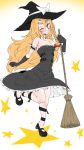  1girl arm_garter bare_shoulders black_dress blush bow braid broom dress eyebrows grin hat hat_bow highres kirisame_marisa single_braid smile solo standing standing_on_one_leg star strapless strapless_dress takeu thick_eyebrows touhou witch_hat 