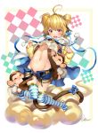  10s 1girl 2015 :3 ^_^ absurdres anchira_(granblue_fantasy) antenna_hair blonde_hair blue_bow blue_ribbon blue_shorts blush bow breasts chushengdao closed_eyes clouds dated erun_(granblue_fantasy) full_body granblue_fantasy groin hair_bow highres knees_together_feet_apart leg_grab monkey monkey_tail navel no_shoes number open_mouth red_eyes ribbon shiny shiny_hair shiny_skin shorts signature sleeves_past_wrists striped striped_legwear tail thigh-highs two_side_up white_background 