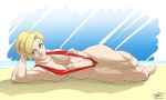  1girl archie_comics arm_support armpits barefoot beach blonde_hair blue_eyes breasts cleavage clouds eric_toner eyebrows head_rest large_breasts looking_at_viewer lying madonna_garnet navel ocean on_side short_hair sky sling_bikini solo sonic_the_hedgehog strap_gap swimsuit toes toned water 