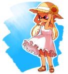  1girl adjusting_clothes adjusting_hat casual dark_skin domino_mask dress flower full_body hat inkling looking_to_the_side mask mouth_hold orange_hair pointy_ears popsicle sandals sleeveless sleeveless_dress solo splatoon sun_hat sundress sunflower tentacle_hair violet_eyes wahootarou white_dress 