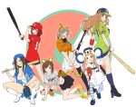  6+girls :d all_fours animal_costume animal_ears bangs baseball baseball_bat baseball_cap baseball_glove baseball_uniform beats_by_dr._dre black_hair black_legwear black_skirt blue_legwear blue_skirt blunt_bangs blush boots breasts brown_eyes brown_hair chunichi_dragons cleavage clothes_writing commentary_request cosplay gloves green_eyes hairband hanshin_tigers hat headphones headphones_around_neck highres hiroshima_touyou_carp ichihara_nina idolmaster idolmaster_cinderella_girls kigurumi knee_boots kneehighs large_breasts long_hair looking_at_viewer looking_back maekawa_miku mismatched_legwear moroboshi_kirari mukai_takumi multiple_girls murakami_tomoe navel nigou nippon_professional_baseball one_eye_closed open_clothes open_mouth open_shirt oversized_clothes paw_pose redhead sarashi shirt shoes short_hair single_thighhigh skirt smile sneakers sportswear squatting striped striped_legwear tada_riina tail thigh-highs tied_shirt tiger_ears tiger_tail tokyo_yakult_swallows white_boots white_legwear white_shirt yokohama_dena_baystars yomiuri_giants 