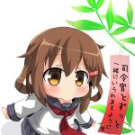  1girl anchor_symbol bamboo blush brown_eyes brown_hair chibi commentary_request from_above hair_ornament hairclip ikazuchi_(kantai_collection) kantai_collection long_sleeves looking_at_viewer neckerchief oshiruko_(uminekotei) school_uniform serafuku short_hair simple_background tanabata tanzaku translation_request white_background 