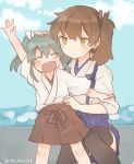  2girls blush brown_eyes brown_hair closed_eyes commentary_request green_hair hand_on_another&#039;s_head hand_on_another&#039;s_hip ina_(1813576) japanese_clothes kaga_(kantai_collection) kantai_collection multiple_girls open_mouth outdoors outstretched_arm side_ponytail smile squatting thigh-highs twintails twitter_username younger zuikaku_(kantai_collection) 