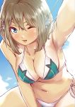  1girl adapted_costume bare_arms bare_shoulders bikini blue_eyes breasts brown_hair cleavage clouds cloudy_sky hair_ornament hairclip headgear highres kantai_collection large_breasts lips looking_at_viewer maya_(kantai_collection) midriff navel nekotama1987 one_eye_closed open_mouth remodel_(kantai_collection) sailor_bikini sailor_collar short_hair side-tie_bikini sideboob sky solo sweat swimsuit thighs x_hair_ornament 