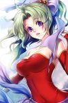  1girl bare_shoulders breasts cleavage covered_navel detached_sleeves dress final_fantasy final_fantasy_vi green_hair long_hair open_mouth ponytail red_dress ribbon solo strapless strapless_dress tina_branford uni_(uniuni5) upper_body violet_eyes 