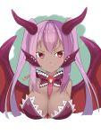  &gt;:t 1girl :t alternate_hairstyle artist_name bare_shoulders blush bow bowtie breasts cleavage dark_skin dragon_girl dragon_wings horns jabberwock_(monster_girl_encyclopedia) l4no long_hair looking_to_the_side monster_girl monster_girl_encyclopedia pout purple_hair red_eyes solo twintails upper_body wings 