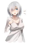 1girl alternate_costume bangs blue_eyes blush breasts collarbone hair_ornament hair_over_one_eye hairclip hamakaze_(kantai_collection) hand_on_own_chest highres kantai_collection large_breasts long_sleeves looking_at_viewer miyabino_(miyabi1616) open_mouth short_hair silver_hair simple_background solo sweat upper_body white_background 