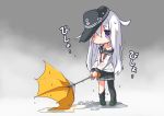  1girl anchor_symbol black_legwear commentary_request flat_cap hat hibiki_(kantai_collection) kantai_collection long_hair rain school_uniform serafuku solo standing translation_request umbrella wet wet_clothes white_hair yaosera 