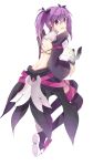  1girl :3 aisha_(elsword) angkor_(elsword) artist_request boots cat creature detached_sleeves elsword from_behind full_body hair_ribbon highres holding looking_at_viewer looking_back midriff open_mouth purple_hair ribbon simple_background solo teeth twintails violet_eyes void_princess_(elsword) white_background 