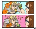  1girl 2koma black-framed_eyewear blonde_hair blush brown_hair closed_eyes comic eyebrows fingerless_gloves glasses gloves green_gloves hc_(hotcomics) junkrat_(overwatch) mechanical_arm mei_(overwatch) overwatch paw_pose shirtless short_hair single_glove sparkle strap thick_eyebrows yellow_eyes 