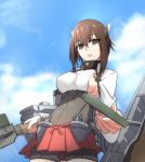  1girl alternate_breast_size bike_shorts breasts brown_eyes brown_hair erect_nipples headgear highres kantai_collection looking_at_viewer lulu_heika parted_lips pleated_skirt short_hair sideboob skirt solo taihou_(kantai_collection) 