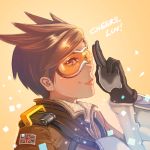  1girl bangs bodysuit bomber_jacket breasts brown_eyes brown_hair brown_jacket english fur_trim gloves goggles hand_up harness highres jacket leather leather_jacket lips logo looking_at_viewer overwatch salute shiny shiny_hair short_hair solo spiky_hair swept_bangs tracer_(overwatch) union_jack upper_body vambraces 