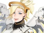 1girl bangs blonde_hair blue_eyes bodysuit breasts high_collar highres looking_at_viewer mechanical_halo mechanical_wings mercy_(overwatch) open_mouth overwatch ponytail simple_background smile solo turtleneck upper_body white_background wings 