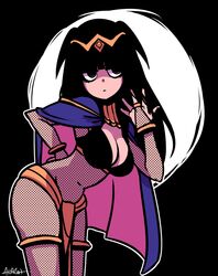  1girl akairiot bangs blunt_bangs bodystocking breasts cape cleavage fire_emblem fire_emblem:_kakusei hime_cut nintendo solo tharja tiara two_side_up 