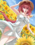  1girl ahoge bare_shoulders birthday blush bow breasts clouds cureecoolan dated dress dutch_angle flower hair_bow hair_intakes hand_on_headwear happy_birthday hat kagami_sumika long_hair low_ponytail muvluv open_mouth ponytail red_eyes redhead sky sleeveless sleeveless_dress smile solo straw_hat sun_hat sundress sunflower very_long_hair white_dress wind wind_lift 