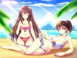  2girls akagi_(kantai_collection) alternate_costume arm_support armpits bare_arms bare_legs beach bikini blue_bikini blurry breasts brown_eyes brown_hair cleavage closed_eyes clouds cloudy_sky collarbone colored_eyelashes depth_of_field fingernails front-tie_top groin highres kaga_(kantai_collection) kantai_collection kirise long_hair looking_at_viewer lying md5_mismatch medium_breasts midriff multiple_girls nail_polish navel on_side outdoors red_bikini shiny shiny_skin short_hair side-tie_bikini side_ponytail signature sitting sky smile swimsuit thigh_gap wide_hips 