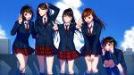  5girls :3 :d arkray arm_holding arm_up bangs blazer blue_jacket blue_legwear blue_sky breasts brown_hair building buttons closed_mouth clouds collared_shirt commentary_request double_v eyebrows eyebrows_visible_through_hair flat_chest floating_hair grin hair_ornament hair_ribbon hair_tucking hand_on_another&#039;s_arm hand_on_own_head hand_up jacket kneehighs knees_together_feet_apart legs_apart light_particles long_hair long_sleeves looking_at_viewer looking_down multiple_girls necktie one_side_up open_mouth outdoors outstretched_arms pink_ribbon plaid plaid_necktie plaid_skirt pleated_skirt ponytail red_necktie red_skirt ribbon school_uniform shadow shirt short_hair skirt skirt_tug sky small_breasts smile squatting stagette standing straight_hair swept_bangs v v_arms white_shirt wind yellow_eyes 