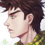  1boy adam&#039;s_apple brown_hair face fan_ju from_side green_eyes jojo_no_kimyou_na_bouken joseph_joestar_(young) male_focus neck profile scarf signature solo striped striped_scarf 