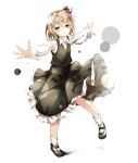  1girl black_shoes black_skirt blonde_hair collared_shirt full_body gorilla_(bun0615) hair_ribbon highres long_sleeves looking_at_viewer mary_janes outstretched_arms red_eyes red_ribbon ribbon rumia shirt shoes skirt skirt_set socks solo spread_arms standing standing_on_one_leg touhou vest white_background white_legwear white_shirt wing_collar 