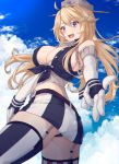 1girl :d blonde_hair breasts cleavage clouds elbow_gloves eyebrows eyebrows_visible_through_hair garter_straps gloves hair_between_eyes headgear highres iowa_(kantai_collection) kantai_collection large_breasts long_hair looking_at_viewer miniskirt mismatched_legwear open_clothes open_mouth open_shirt panties petopetoo shirt skirt sky smile solo star star-shaped_pupils striped striped_legwear symbol-shaped_pupils thigh-highs underwear vertical_stripes violet_eyes white_gloves 