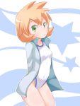  00s 1girl a-ktoo arms_behind_back blush breasts green_eyes gym_leader highres jacket kasumi_(pokemon) looking_at_viewer one-piece_swimsuit orange_hair pokemon pokemon_(game) pokemon_hgss short_hair small_breasts smile solo swimsuit thighs track_jacket 