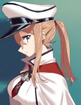  1girl alternate_hairstyle anchor aqua_background arms_at_sides blew_andwhite blonde_hair blue_background blue_eyes breasts capelet gradient gradient_background graf_zeppelin_(kantai_collection) hair_between_eyes hat highres kantai_collection large_breasts long_hair looking_at_viewer military military_uniform peaked_cap ponytail profile sidelocks simple_background smile uniform upper_body 