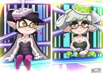  +_+ 2girls ankle_boots aori_(splatoon) artist_name black_dress black_hair boots breasts brown_eyes cleavage dated detached_collar domino_mask dress earrings food food_on_head gloves green_legwear hotaru_(splatoon) jewelry legs_crossed long_hair looking_at_another mask medium_breasts mole mole_under_eye multiple_girls object_on_head pantyhose pointy_ears purple_legwear short_dress short_hair short_jumpsuit signature sitting small_breasts smile splatoon strapless strapless_dress tentacle_hair usa_(dai9c_carnival) very_long_hair white_gloves 