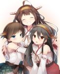  3girls ahoge bangs bare_shoulders black_hair blue_eyes blush brown_hair brown_skirt closed_eyes closed_mouth detached_sleeves eyebrows eyebrows_visible_through_hair gradient gradient_background hair_between_eyes haruna_(kantai_collection) headgear hiei_(kantai_collection) hiiragi_souren kongou_(kantai_collection) long_hair long_sleeves looking_at_viewer multicolored_background multiple_girls nontraditional_miko open_mouth orange_eyes plaid plaid_skirt pout red_skirt short_hair skirt sleeveless smile two-tone_background 