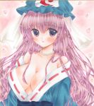  1girl :o alternate_hair_length alternate_hairstyle asa1014 bangs breasts cherry_blossoms cleavage clenched_teeth collarbone hat jewelry large_breasts long_hair mob_cap necklace off_shoulder open_mouth pearl_necklace petals pink_eyes pink_hair ribbon-trimmed_clothes ribbon_trim saigyouji_yuyuko see-through solo teeth touhou traditional_media triangular_headpiece upper_body veil 